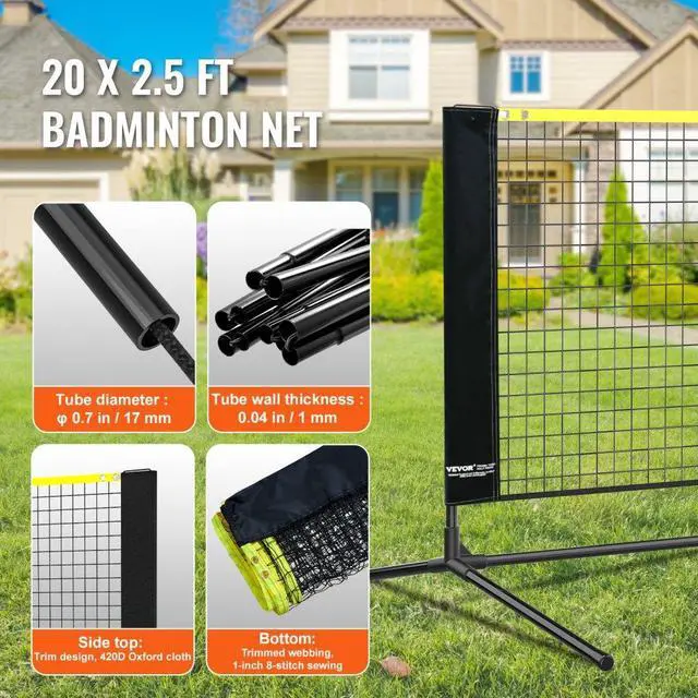 Alt view image 4 of 7 - VEVOR Badminton Net, Height Adjustable Volleyball Net, 20ft Wide Foldable Pickleball Net, Portable Tennis Net Set with Poles, Stand, Bag, Rackets, Nylon Shuttlecocks, Kid Backyard Indoor Outdoor Use