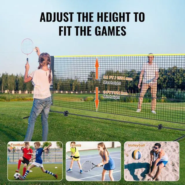 Alt view image 5 of 7 - VEVOR Badminton Net, Height Adjustable Volleyball Net, 20ft Wide Foldable Pickleball Net, Portable Tennis Net Set with Poles, Stand, Bag, Rackets, Nylon Shuttlecocks, Kid Backyard Indoor Outdoor Use