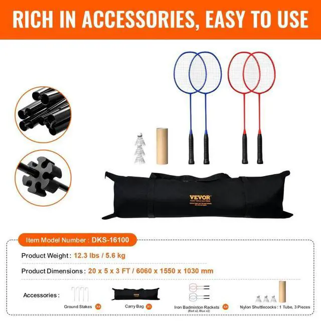 Alt view image 7 of 7 - VEVOR Badminton Net, Height Adjustable Volleyball Net, 20ft Wide Foldable Pickleball Net, Portable Tennis Net Set with Poles, Stand, Bag, Rackets, Nylon Shuttlecocks, Kid Backyard Indoor Outdoor Use