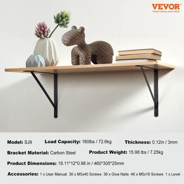 Alt view image 7 of 14 - VEVOR Shelf Bracket, 18 x 12 in 12 Pcs, Heavy Duty Floating Shelf Brackets, Brackets for Shelves, 3mm Thick Matte Black Triangle Shelf Bracket,Steel Shelving Brackets with 160 lbs Load Capacity