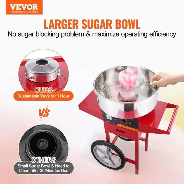 Alt view image 2 of 14 - VEVOR  Electric Cotton Candy Machine with Cart, 1000W Commercial Candy Floss Maker with Stainless Steel Bowl, Sugar Scoop and Drawer, Perfect for Home, Kids Birthday, Family Party, Red