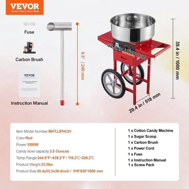 Alt view image 7 of 14 - VEVOR  Electric Cotton Candy Machine with Cart, 1000W Commercial Candy Floss Maker with Stainless Steel Bowl, Sugar Scoop and Drawer, Perfect for Home, Kids Birthday, Family Party, Red