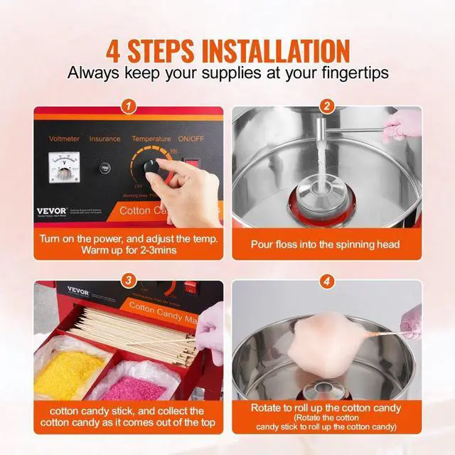 Alt view image 5 of 14 - VEVOR  Electric Cotton Candy Machine with Cart, 1000W Commercial Candy Floss Maker with Stainless Steel Bowl, Sugar Scoop and Drawer, Perfect for Home, Kids Birthday, Family Party, Red