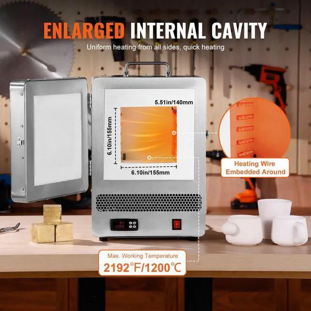 Alt view image 3 of 7 - VEVOR  Electric Kiln, 1500W Electric Melting Furnace, Max Temperature 2192/1200, Stainless Steel Electric Furnace for Wax Casting, Metal Clay DIY, Metal Tempering , Glazing on Pottery