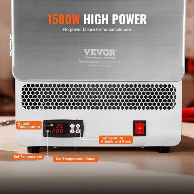 Alt view image 4 of 7 - VEVOR  Electric Kiln, 1500W Electric Melting Furnace, Max Temperature 2192/1200, Stainless Steel Electric Furnace for Wax Casting, Metal Clay DIY, Metal Tempering , Glazing on Pottery