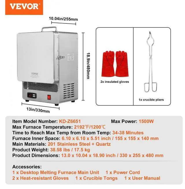 Alt view image 7 of 7 - VEVOR  Electric Kiln, 1500W Electric Melting Furnace, Max Temperature 2192/1200, Stainless Steel Electric Furnace for Wax Casting, Metal Clay DIY, Metal Tempering , Glazing on Pottery