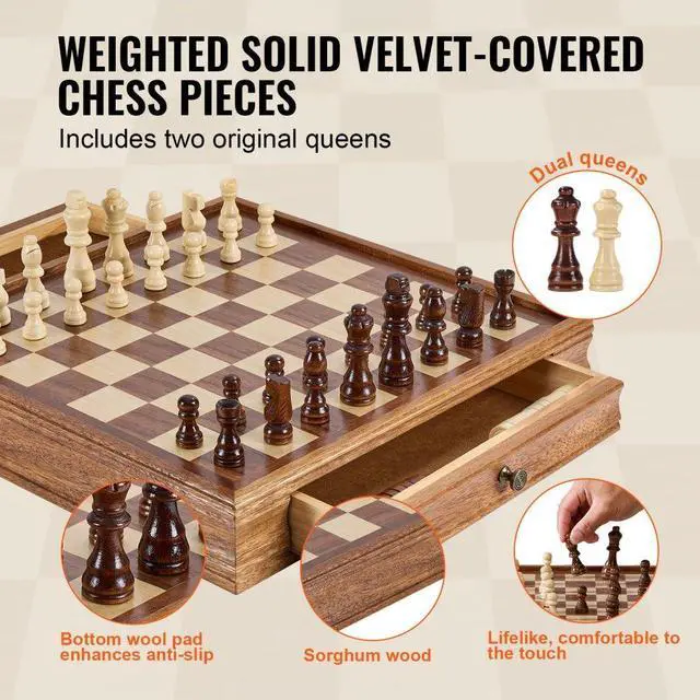 Alt view image 5 of 7 - VEVOR Solid Wood Chess Set, 15 inch  2-IN-1 Chess Checkers Game Set, Chess Board Games with Storage Drawer & Weighted Chess Checkers Pieces & 2 Queens, for Adults Kids Tournament Professional Beginner