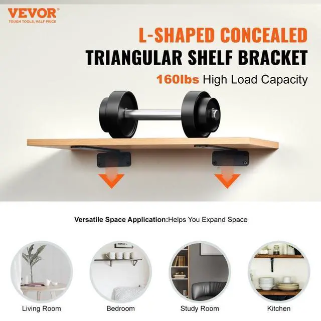 Alt view image 2 of 7 - VEVOR Shelf Bracket, 8L x 4W x 1.6H 6 Pcs, Heavy Duty Floating Shelf Brackets, Brackets for Shelves, 5mm Thick Matte Black L Shelf Bracket,Steel Shelving Brackets with 160 lbs Load Capacity