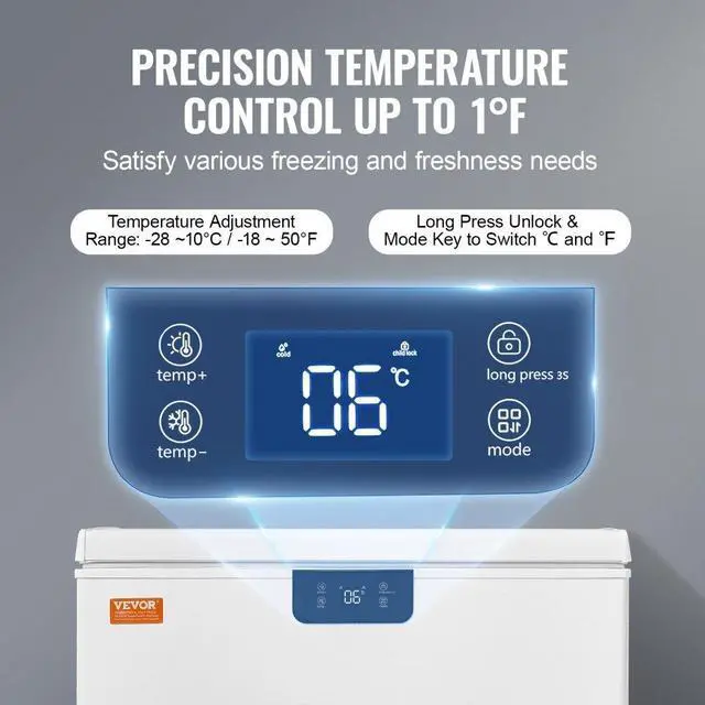 Alt view image 5 of 8 - VEVOR  Chest Freezer, 7 Cu.ft / 198 L Compact Deep Freezer, Free Standing Top Open Door Compact Freezers with 2 Removable Baskets & Adjustable Thermostat, Energy Saving & Low Noise, White