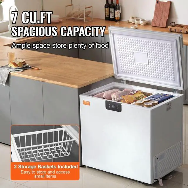 Alt view image 4 of 8 - VEVOR  Chest Freezer, 7 Cu.ft / 198 L Compact Deep Freezer, Free Standing Top Open Door Compact Freezers with 2 Removable Baskets & Adjustable Thermostat, Energy Saving & Low Noise, White