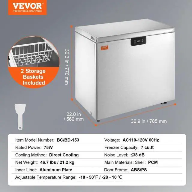 Alt view image 8 of 8 - VEVOR  Chest Freezer, 7 Cu.ft / 198 L Compact Deep Freezer, Free Standing Top Open Door Compact Freezers with 2 Removable Baskets & Adjustable Thermostat, Energy Saving & Low Noise, White