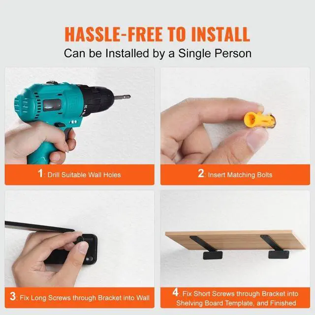 Alt view image 5 of 7 - VEVOR Shelf Bracket, 8L x 4W x 1.6H 6 Pcs, Heavy Duty Floating Shelf Brackets, Brackets for Shelves, 5mm Thick Matte Black L Shelf Bracket,Steel Shelving Brackets with 160 lbs Load Capacity