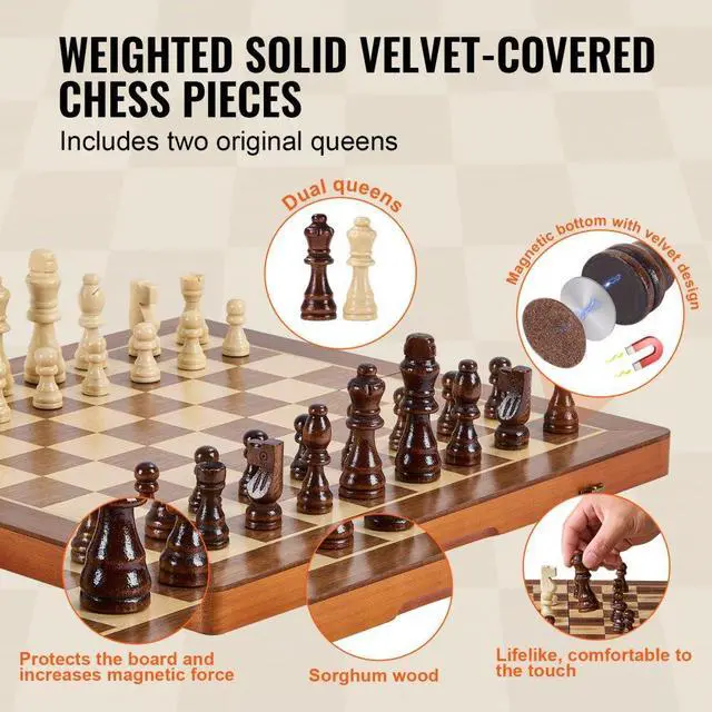 Alt view image 5 of 7 - VEVOR Magnetic Wooden Chess Set, 15 inch 2-IN-1 Chess Checkers Game Set, Folding Chess Board Games for Adults Kids, 2 Queens Portable Travel Gift Chess Set for Tournament Professional Beginner