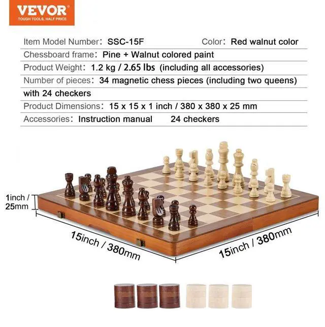 Alt view image 7 of 7 - VEVOR Magnetic Wooden Chess Set, 15 inch 2-IN-1 Chess Checkers Game Set, Folding Chess Board Games for Adults Kids, 2 Queens Portable Travel Gift Chess Set for Tournament Professional Beginner