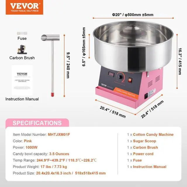 Alt view image 7 of 7 - VEVOR  Electric Cotton Candy Machine, 1000W Candy Floss Maker, Commercial Cotton Candy Machine with Stainless Steel Bowl, and Sugar Scoop, Perfect for Home Kids Birthday, Family Party (Pink)