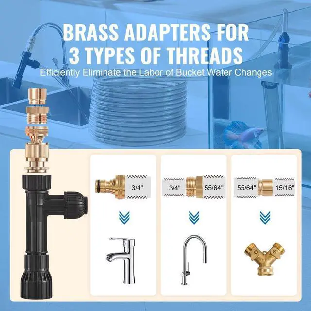 Alt view image 4 of 7 - VEVOR Aquarium Vacuum Gravel Cleaner, 50 ft PVC Hose Fish Tank Vacuum Gravel Cleaner, Siphon Fish Tank Cleaner Vacuum, 3 Types of Brass Adapters, for Fish Tank Cleaning Gravel & Sand