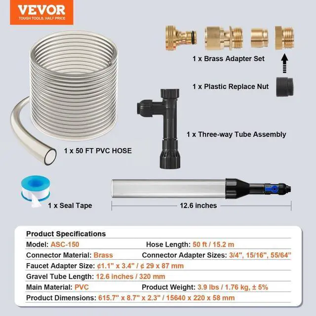 Alt view image 7 of 7 - VEVOR Aquarium Vacuum Gravel Cleaner, 50 ft PVC Hose Fish Tank Vacuum Gravel Cleaner, Siphon Fish Tank Cleaner Vacuum, 3 Types of Brass Adapters, for Fish Tank Cleaning Gravel & Sand