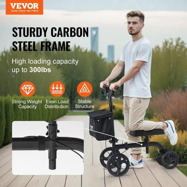 Alt view image 2 of 14 - VEVOR Folding Knee Scooter, Carbon Steel Steerable Knee Walker with Height-Adjustable Handlebar & Knee Pad, All-Terrain Solid Wheels, Dual Brakes, Leg Recovery Scooter for Broken Ankle Foot Injuries