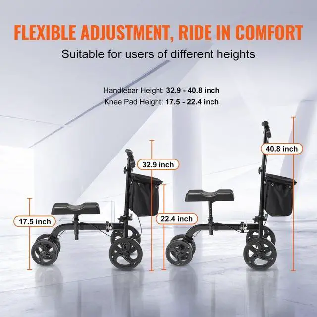 Alt view image 3 of 14 - VEVOR Folding Knee Scooter, Carbon Steel Steerable Knee Walker with Height-Adjustable Handlebar & Knee Pad, All-Terrain Solid Wheels, Dual Brakes, Leg Recovery Scooter for Broken Ankle Foot Injuries