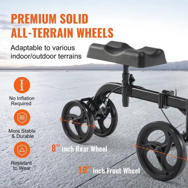 Alt view image 4 of 14 - VEVOR Folding Knee Scooter, Carbon Steel Steerable Knee Walker with Height-Adjustable Handlebar & Knee Pad, All-Terrain Solid Wheels, Dual Brakes, Leg Recovery Scooter for Broken Ankle Foot Injuries