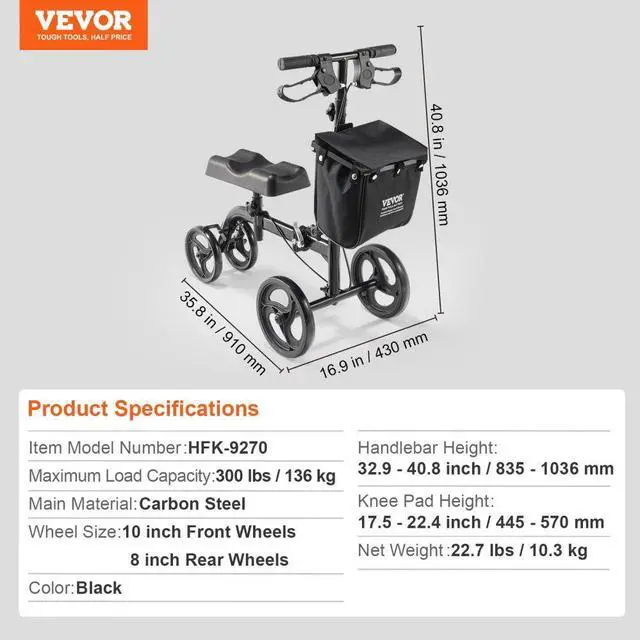 Alt view image 7 of 14 - VEVOR Folding Knee Scooter, Carbon Steel Steerable Knee Walker with Height-Adjustable Handlebar & Knee Pad, All-Terrain Solid Wheels, Dual Brakes, Leg Recovery Scooter for Broken Ankle Foot Injuries