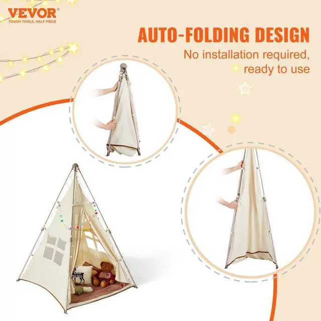 Alt view image 2 of 7 - VEVOR Kids Play Tent, Teepee Tent for Kids 1-5 Years Old, Tent for Kids with Windows for Indoor and Outdoor, Foldable Toddler Tent with Mat and Carrying Bag, Kids Tent for Boys and Girls, Beige