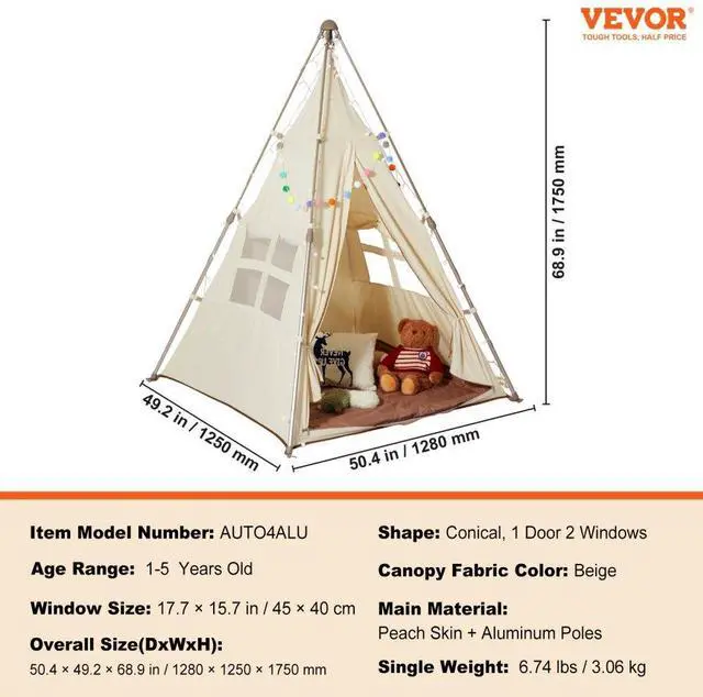 Alt view image 7 of 7 - VEVOR Kids Play Tent, Teepee Tent for Kids 1-5 Years Old, Tent for Kids with Windows for Indoor and Outdoor, Foldable Toddler Tent with Mat and Carrying Bag, Kids Tent for Boys and Girls, Beige