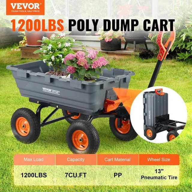 Alt view image 2 of 14 - VEVOR Dump Cart, Poly Garden Dump Cart with Easy to Assemble Steel Frame, Dump Wagon with 2-in-1 Convertible Handle, 6.48 cu.ft Utility Wheelbarrow 1200 lbs Capacity, 13 inch Tires