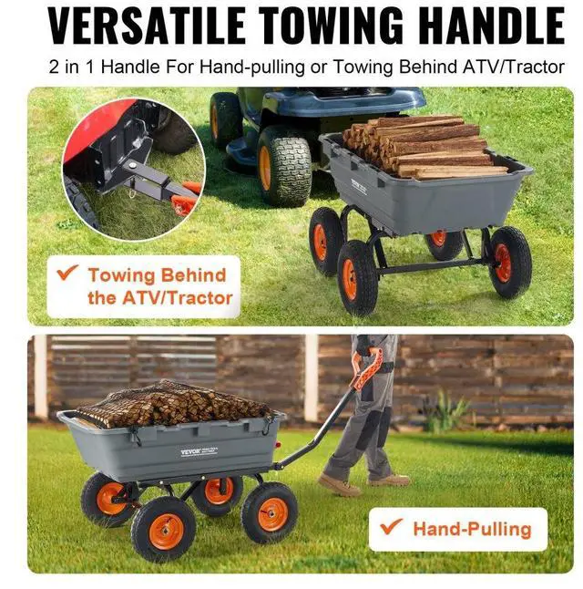 Alt view image 3 of 14 - VEVOR Dump Cart, Poly Garden Dump Cart with Easy to Assemble Steel Frame, Dump Wagon with 2-in-1 Convertible Handle, 6.48 cu.ft Utility Wheelbarrow 1200 lbs Capacity, 13 inch Tires