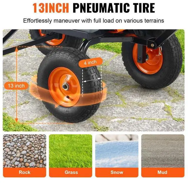 Alt view image 5 of 14 - VEVOR Dump Cart, Poly Garden Dump Cart with Easy to Assemble Steel Frame, Dump Wagon with 2-in-1 Convertible Handle, 6.48 cu.ft Utility Wheelbarrow 1200 lbs Capacity, 13 inch Tires