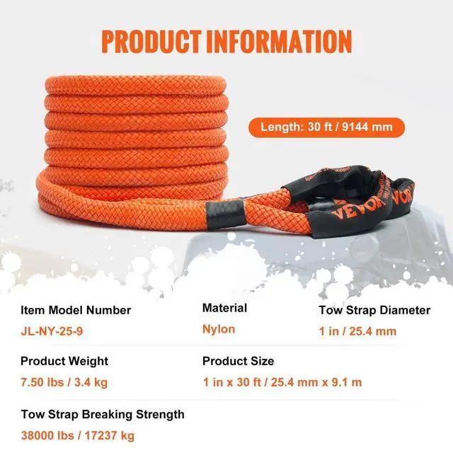 Alt view image 7 of 7 - VEVOR 1" x 30' Kinetic Recovery Tow Rope 38,000 lbs, Heavy-Duty Off Road Snatch Strap, Extreme Duty 30% Elasticity Energy Snatch Strap for Jeep Car Truck ATV UTV SUV Tractor
