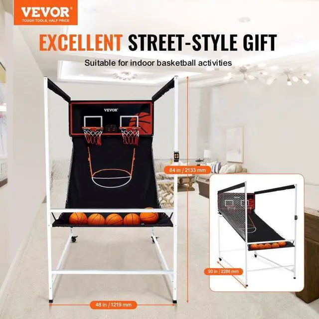 Alt view image 2 of 7 - VEVOR Arcade Cage Basketball Game, 2 Player Indoor Basketball Game, Home Dual Shot Sport with 5 Balls, 8 Game Modes, Electronic Scoreboard, and Inflation Pump, for Kids, Adults (Black & White)