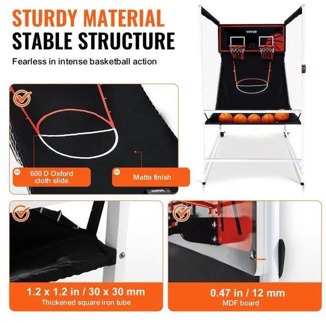 Alt view image 3 of 7 - VEVOR Arcade Cage Basketball Game, 2 Player Indoor Basketball Game, Home Dual Shot Sport with 5 Balls, 8 Game Modes, Electronic Scoreboard, and Inflation Pump, for Kids, Adults (Black & White)