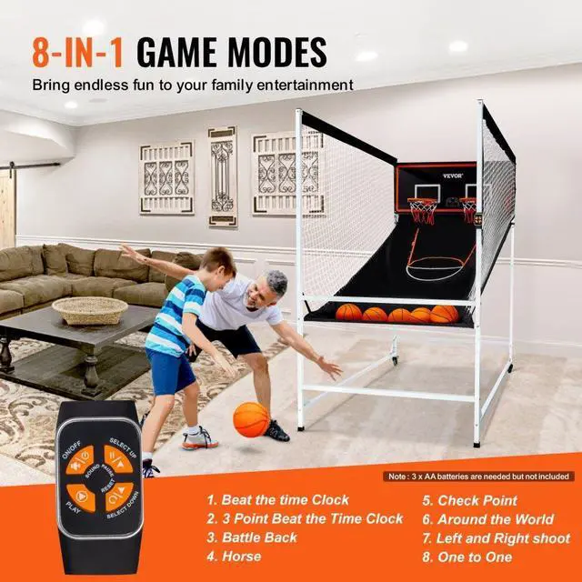 Alt view image 4 of 7 - VEVOR Arcade Cage Basketball Game, 2 Player Indoor Basketball Game, Home Dual Shot Sport with 5 Balls, 8 Game Modes, Electronic Scoreboard, and Inflation Pump, for Kids, Adults (Black & White)