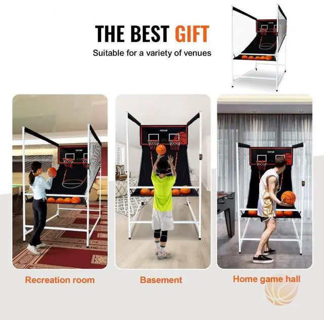Alt view image 6 of 7 - VEVOR Arcade Cage Basketball Game, 2 Player Indoor Basketball Game, Home Dual Shot Sport with 5 Balls, 8 Game Modes, Electronic Scoreboard, and Inflation Pump, for Kids, Adults (Black & White)