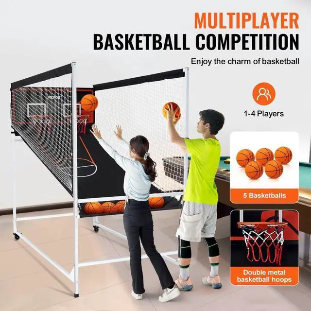 Alt view image 5 of 7 - VEVOR Arcade Cage Basketball Game, 2 Player Indoor Basketball Game, Home Dual Shot Sport with 5 Balls, 8 Game Modes, Electronic Scoreboard, and Inflation Pump, for Kids, Adults (Black & White)