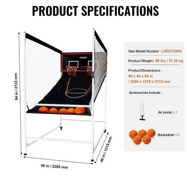 Alt view image 7 of 7 - VEVOR Arcade Cage Basketball Game, 2 Player Indoor Basketball Game, Home Dual Shot Sport with 5 Balls, 8 Game Modes, Electronic Scoreboard, and Inflation Pump, for Kids, Adults (Black & White)
