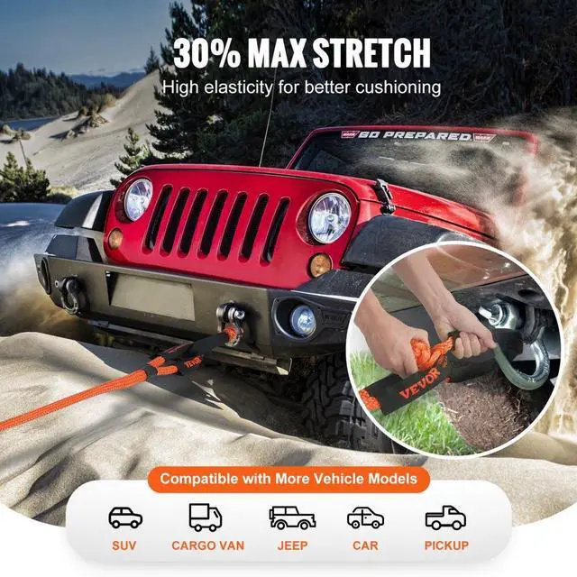 Alt view image 4 of 7 - VEVOR 7/8" x 30' Kinetic Recovery Tow Rope 30,580lbs, Heavy-Duty Off Road Snatch Strap with 2 Soft Shackles (41750lbs) Extreme Duty 30% Elasticity Energy Snatch Strap Jeep Car Truck ATV Tractor