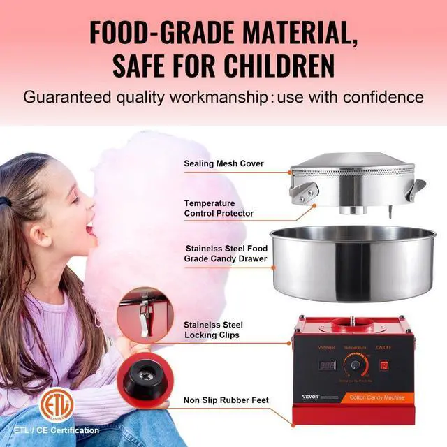 Alt view image 4 of 14 - VEVOR  Electric Cotton Candy Machine, 1000W Candy Floss Maker, Commercial Cotton Candy Machine with Stainless Steel Bowl, and Sugar Scoop, Perfect for Home Kids Birthday, Family Party (Red)