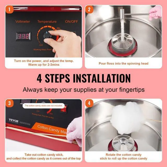 Alt view image 5 of 14 - VEVOR  Electric Cotton Candy Machine, 1000W Candy Floss Maker, Commercial Cotton Candy Machine with Stainless Steel Bowl, and Sugar Scoop, Perfect for Home Kids Birthday, Family Party (Red)