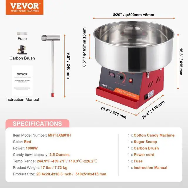 Alt view image 7 of 14 - VEVOR  Electric Cotton Candy Machine, 1000W Candy Floss Maker, Commercial Cotton Candy Machine with Stainless Steel Bowl, and Sugar Scoop, Perfect for Home Kids Birthday, Family Party (Red)