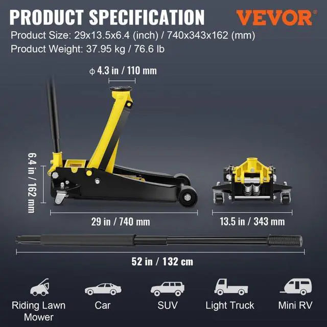 Alt view image 7 of 7 - VEVOR Low Profile Floor Jack 4 Ton Heavy Duty Steel Dual Piston Rapid Pump
