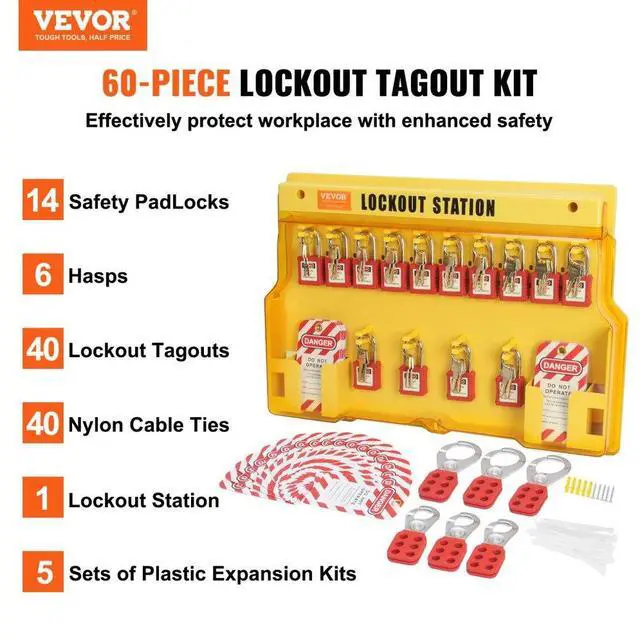 Alt view image 2 of 7 - VEVOR Electrical Lockout Tagout Kit, 60 PCS Safety Lockout Tagout Station Includes Padlocks, Hasps, Tags, Nylon Ties, Expansion Kit, and Lockout Station Board, for Industrial, Electric Power
