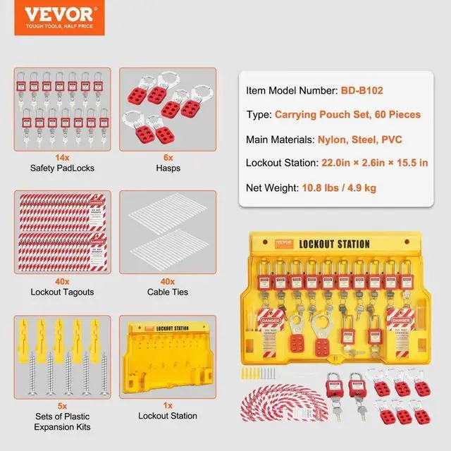 Alt view image 7 of 7 - VEVOR Electrical Lockout Tagout Kit, 60 PCS Safety Lockout Tagout Station Includes Padlocks, Hasps, Tags, Nylon Ties, Expansion Kit, and Lockout Station Board, for Industrial, Electric Power