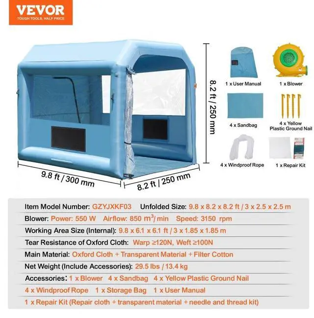 Alt view image 7 of 7 - VEVOR Inflatable Paint Booth, 9.8 x 8.2 x 8.2 ft Inflatable Spray Booth, with 550W Powerful Blower and Air Filter System, Portable Car Paint Booth for Motorcycle, Bicycle, Small Furniture Painting