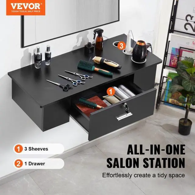 Alt view image 2 of 7 - VEVOR Wall-Mounted Salon Workstation, Equipped with 3 Holders for Hair Dryers, Secure Drawer with Lock, Ideal for SPA, Hairdressing Salons, Home & Bathroom Use, in Sleek Black