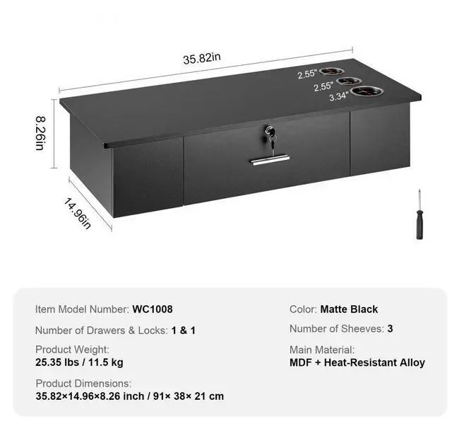Alt view image 7 of 7 - VEVOR Wall-Mounted Salon Workstation, Equipped with 3 Holders for Hair Dryers, Secure Drawer with Lock, Ideal for SPA, Hairdressing Salons, Home & Bathroom Use, in Sleek Black