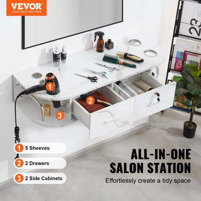 Alt view image 2 of 7 - VEVOR Wall-Mounted Salon Station, Equipped with 5 Holders for Hair Dryers, Includes 2 Drawers (One with Lock), Ideal for SPA, Barber Shops, Home & Bathroom Use, in Elegant Marble White