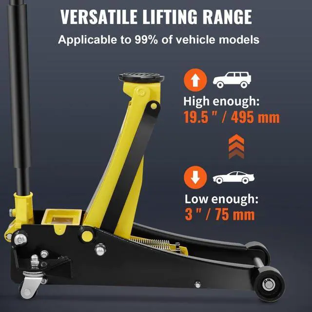 Alt view image 3 of 7 - VEVOR Floor Jack, 3 Ton Low Profile Floor Jack, Heavy-duty Steel Racing Floor Jack with Dual Pistons Quick Lift Pump, Floor Jack Lifting Range 3.35"-19.69"