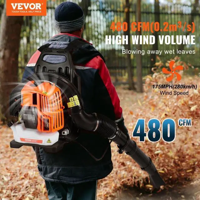 Alt view image 2 of 7 - VEVOR Backpack Leaf Blower, 52CC 2-Cycle Leaf Blower with 1.37L Fuel Tank, 480CFM Air Volume 175MPH Speed, Ideal for Lawn Care, Leaf Cleaning, and Snow Removal